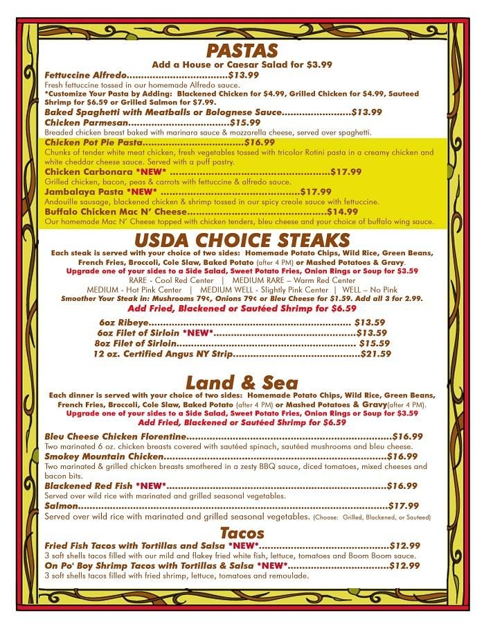 pasta and steak menu